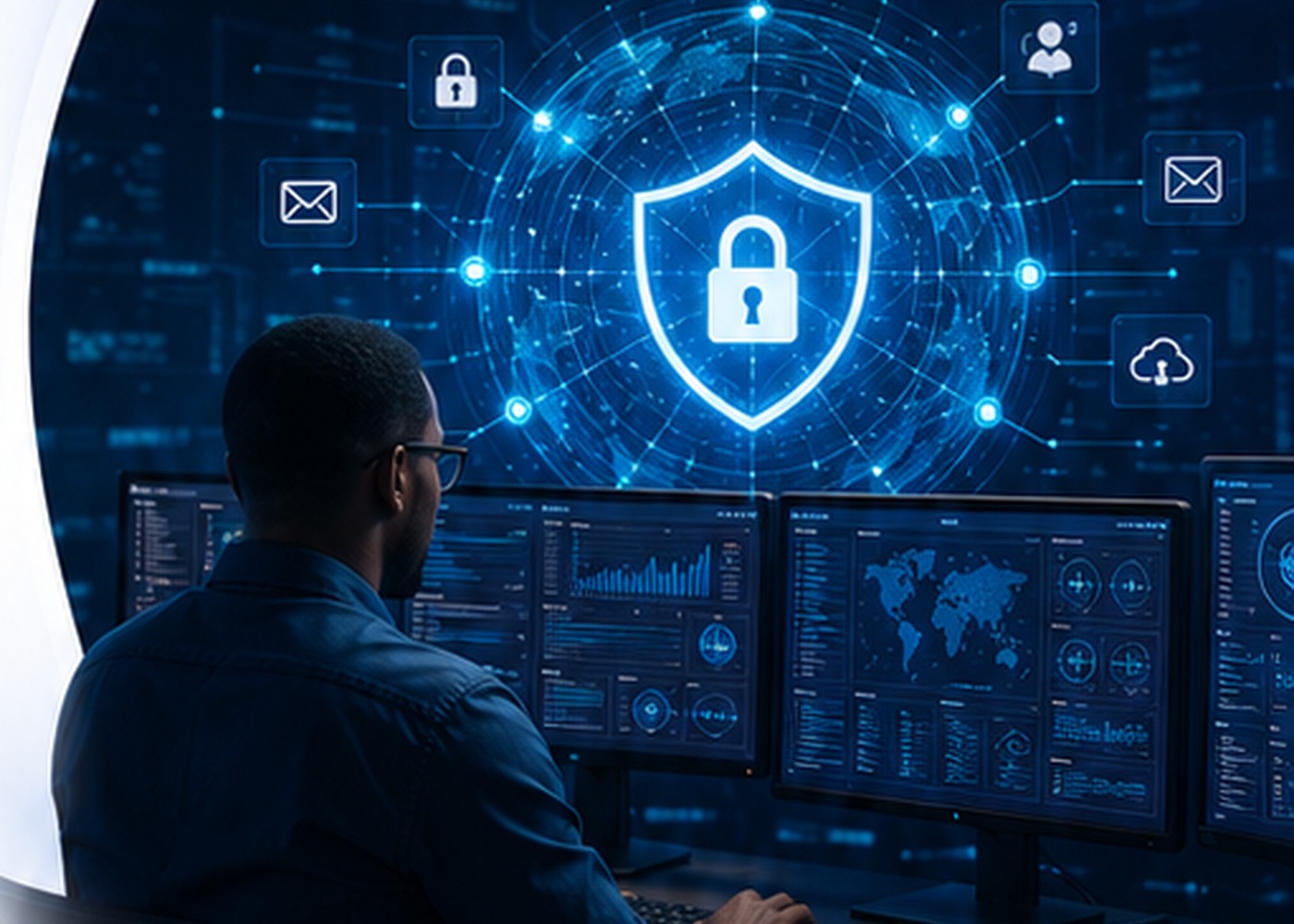 Cybersecurity analyst monitoring secure digital systems